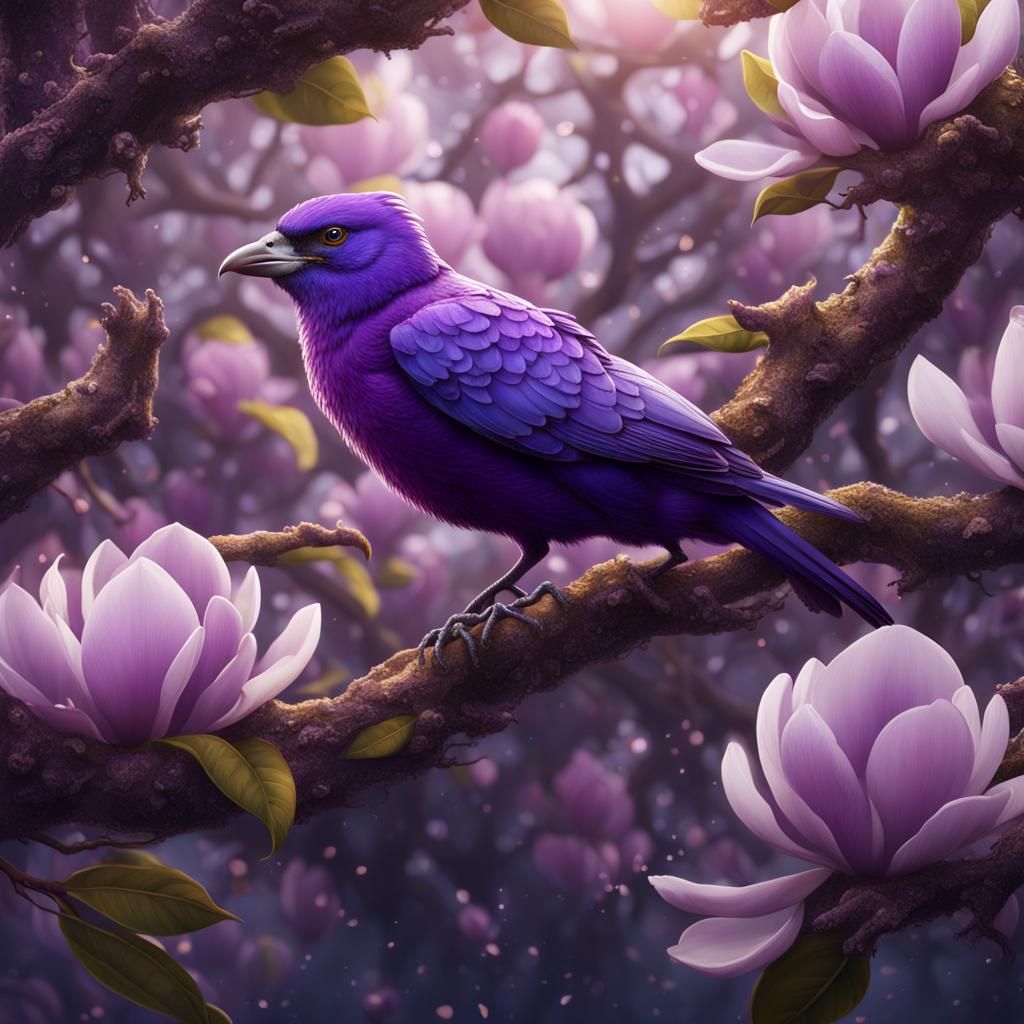 Purple and Violet Spoonbills in Magnolia Tree