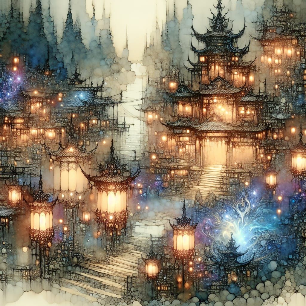 Whimsical Foggy Village in High Fantasy Style