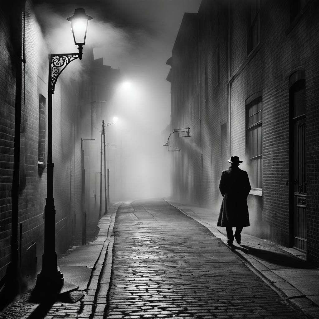 Foggy Alley at Night: Hyperdetailed Charcoal Drawing