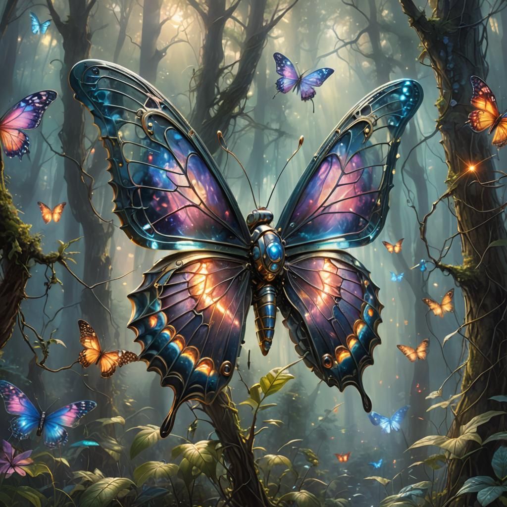 Hyperrealistic Cyborg Butterfly in Futuristic Forest
