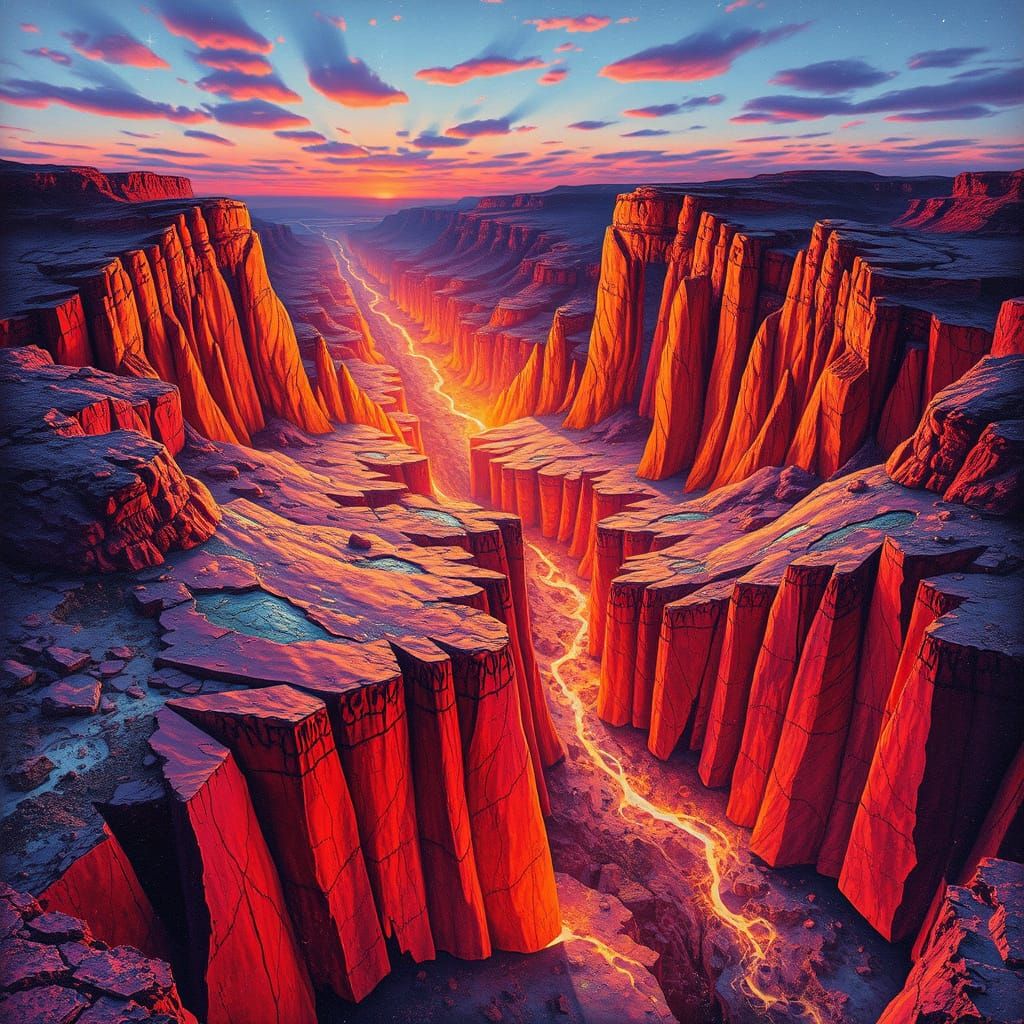 Fractured Dawn: Crimson and Gold Holographic Illustration