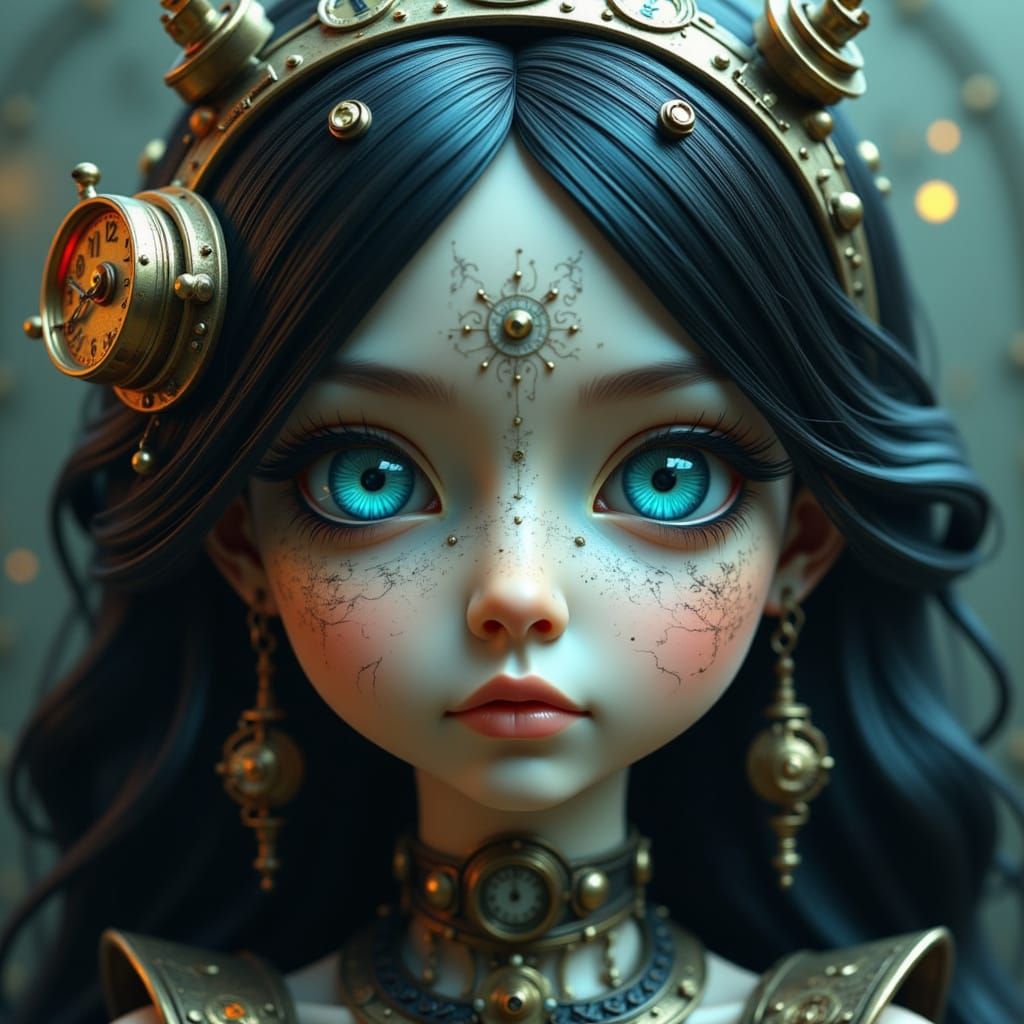 Elegant Clockpunk Ceramic Doll with Intricately Detailed Blu...