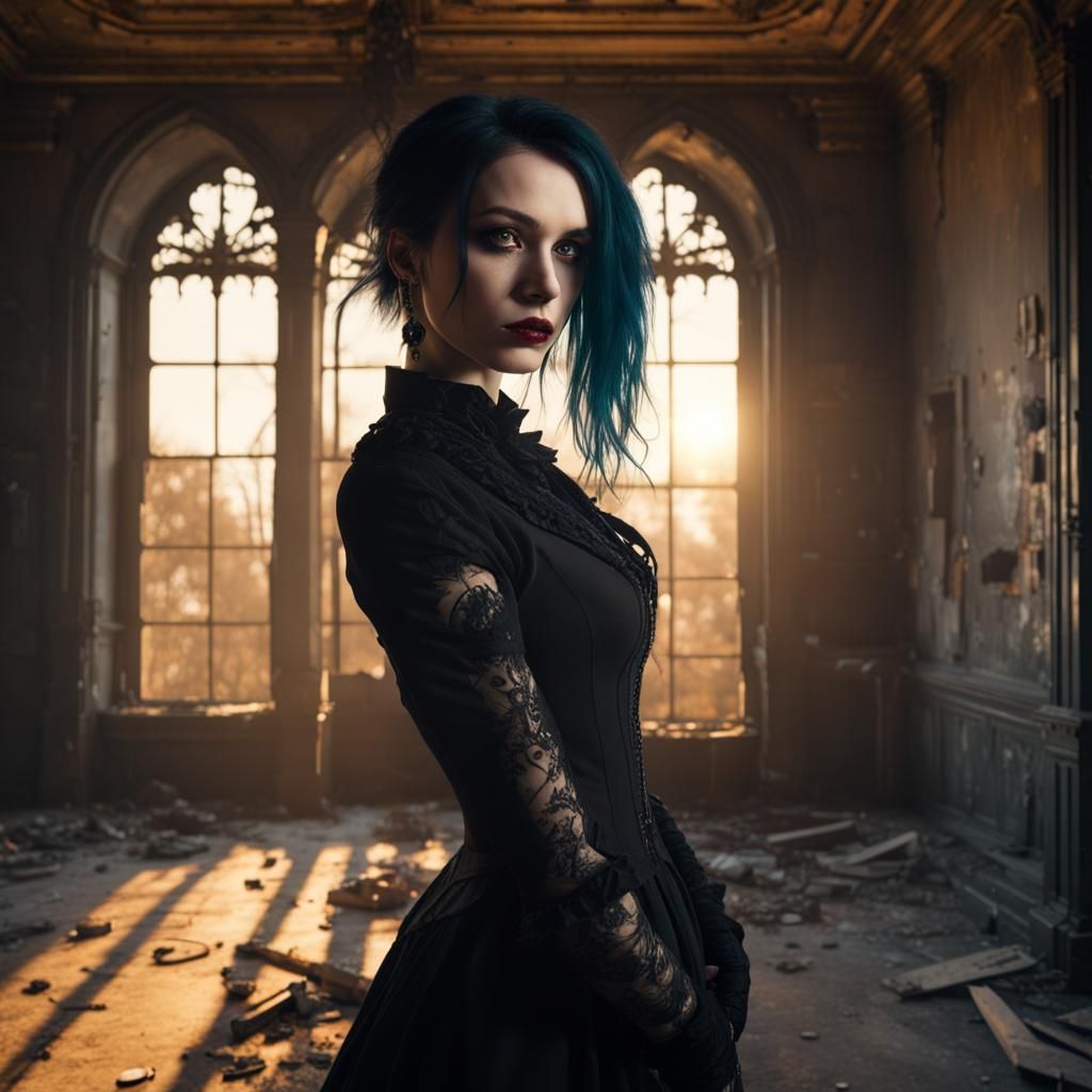 Gothic Beauty in Derelict Mansion at Golden Hour