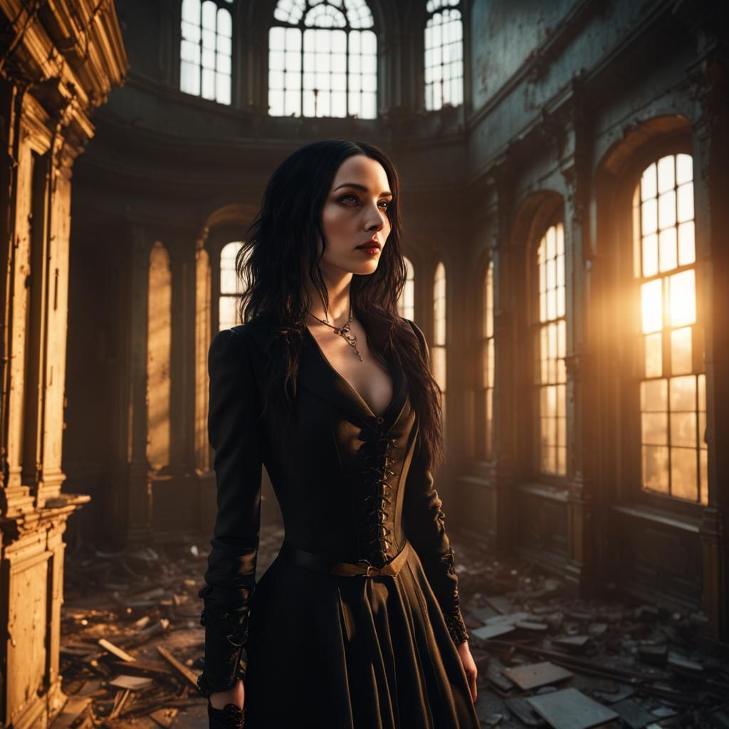 Gothic Woman in Derelict Mansion: Photorealistic Glamour