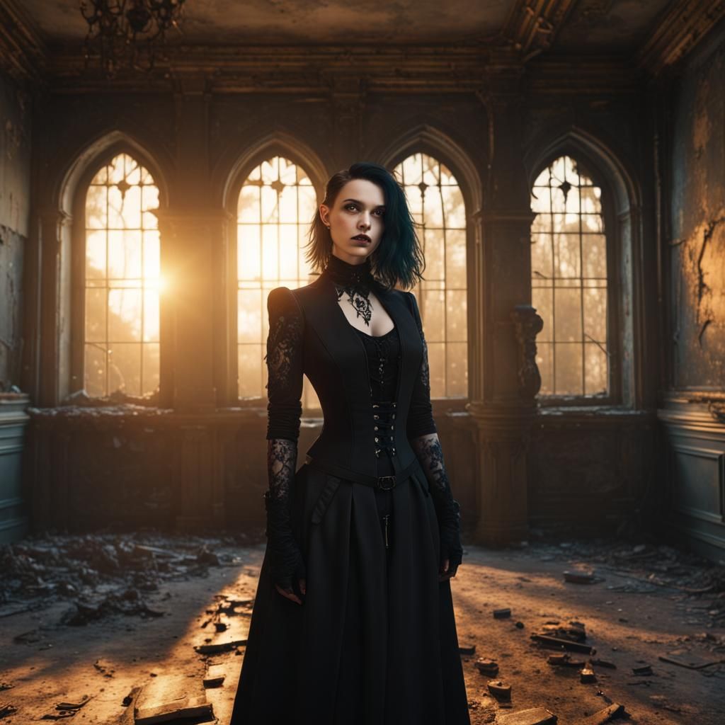 Gothic Glamour: Woman in Derelict Mansion