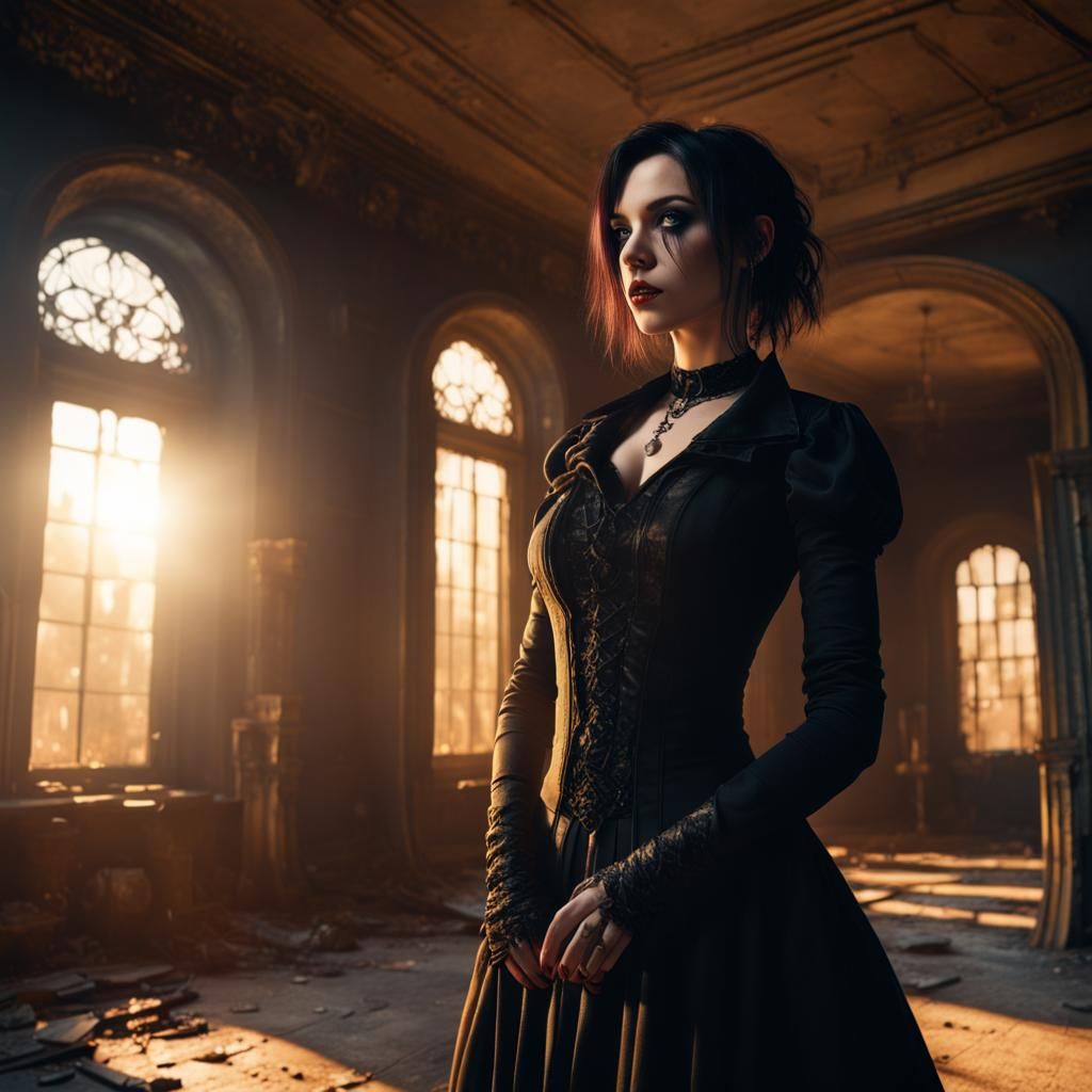 Gothic Woman in Abandoned Mansion: Golden Hour Portrait