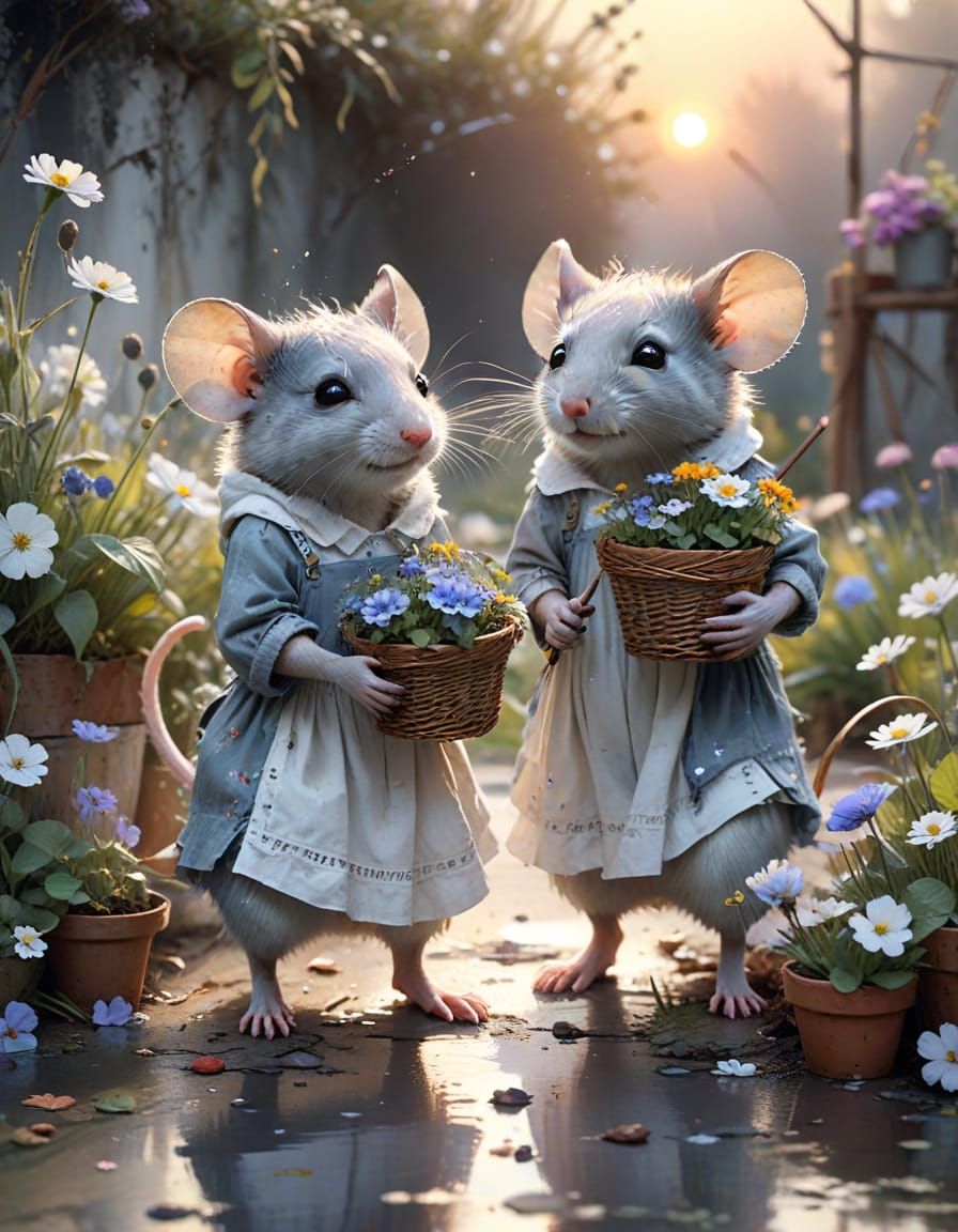 Cute Mice Gardeners in Watercolor Style