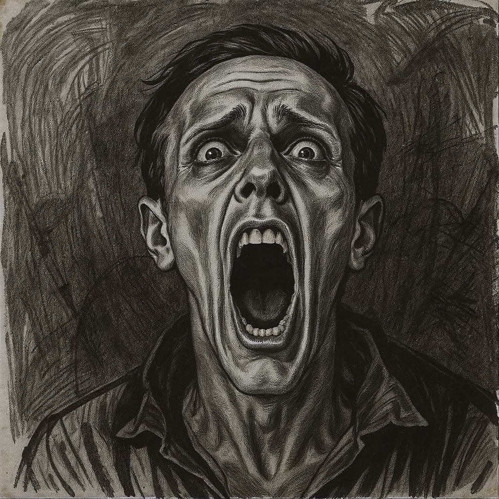 Charcoal Drawing of a Screaming Man