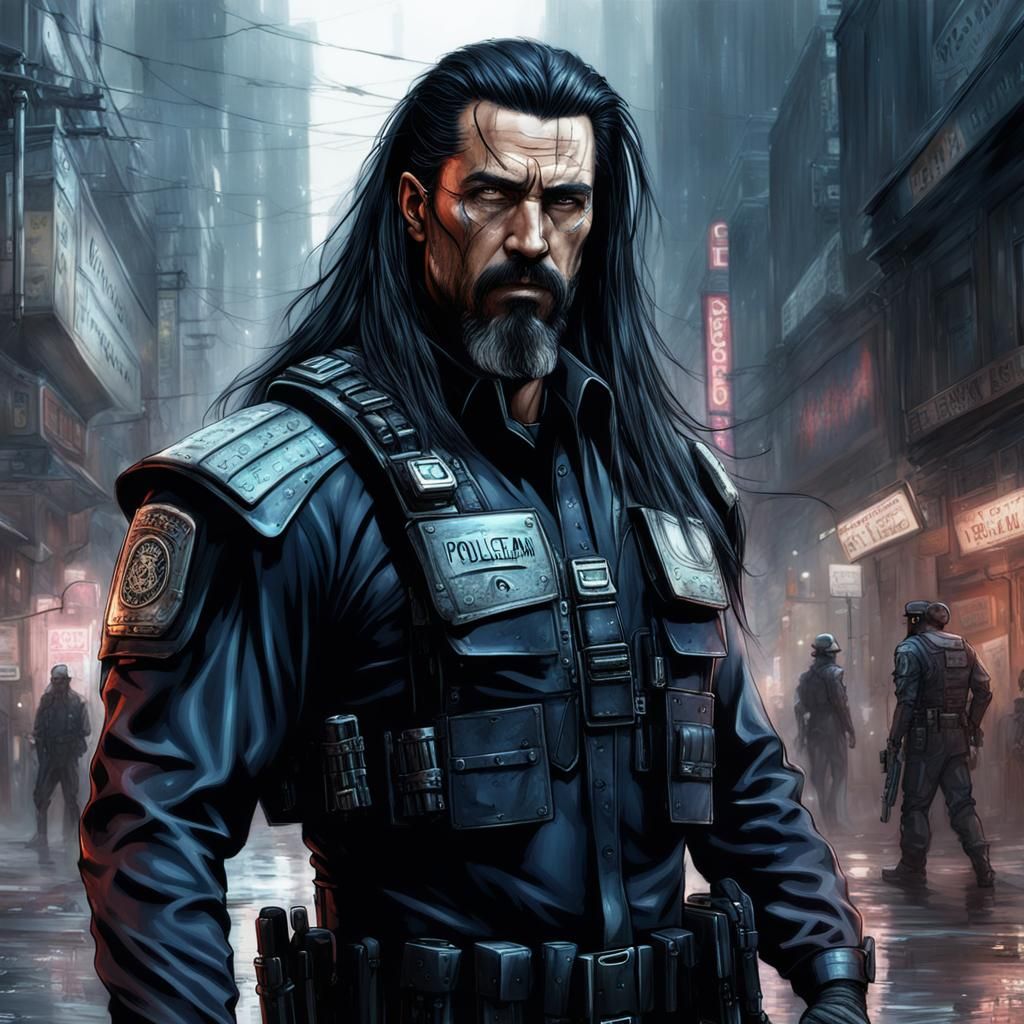 Cyberpunk Policeman with Goatee in Detailed Matte Painting