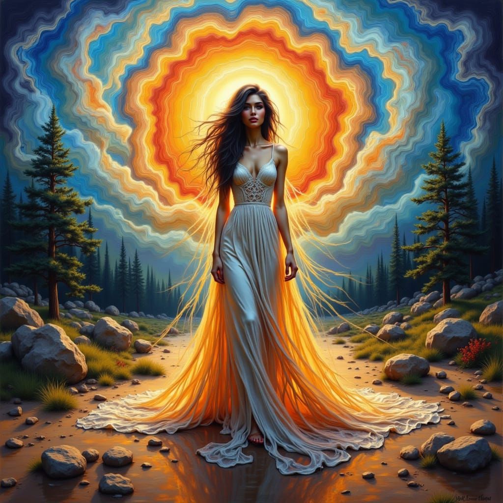 Divine Western Siren amidst Vibrant Cosmic Whirlwind