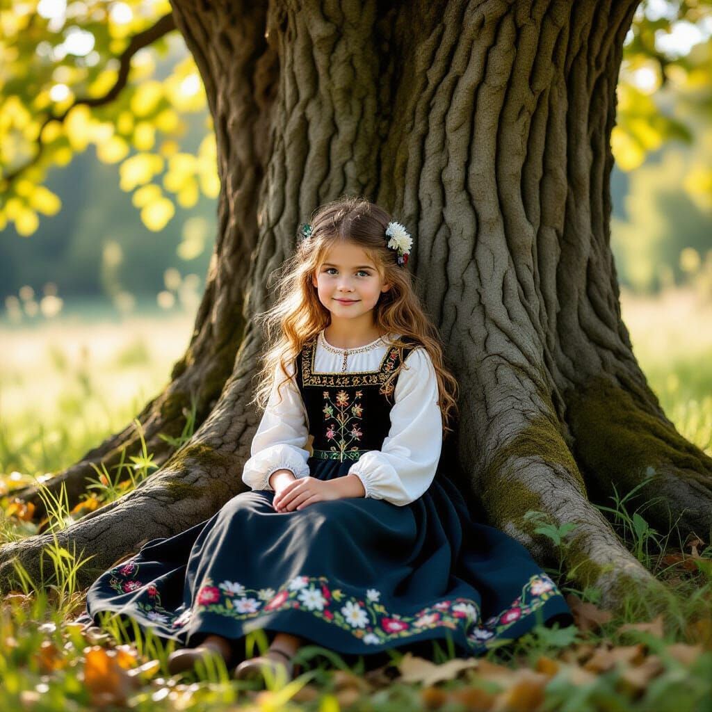 Medieval Girl with Cat in Enchanted Forest