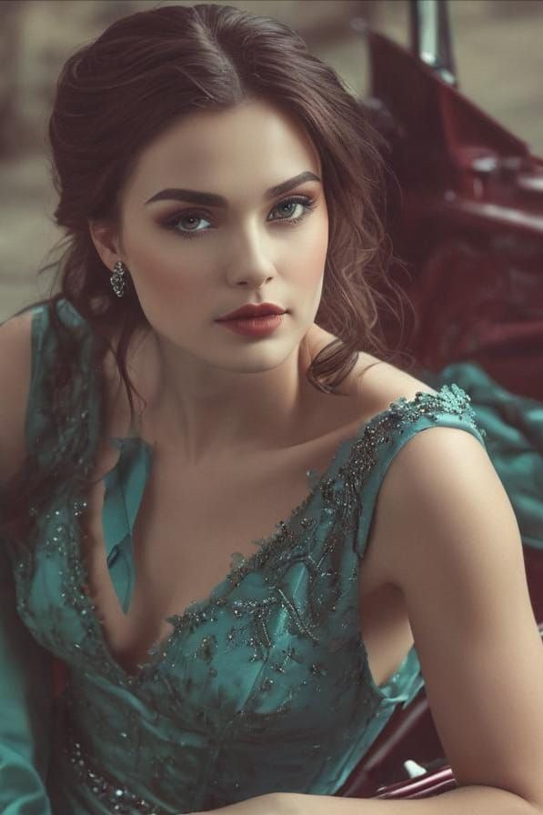 Brunette in Emerald Gown on Vintage Car