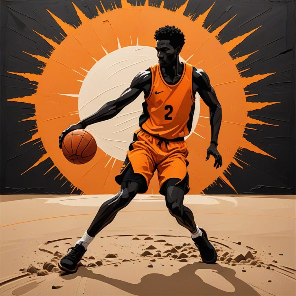 Dark Athletic Figure Dribbling with Vibrant Orange Sun