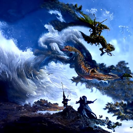 Dragon and Angel Battle in Storm, Oil Painting