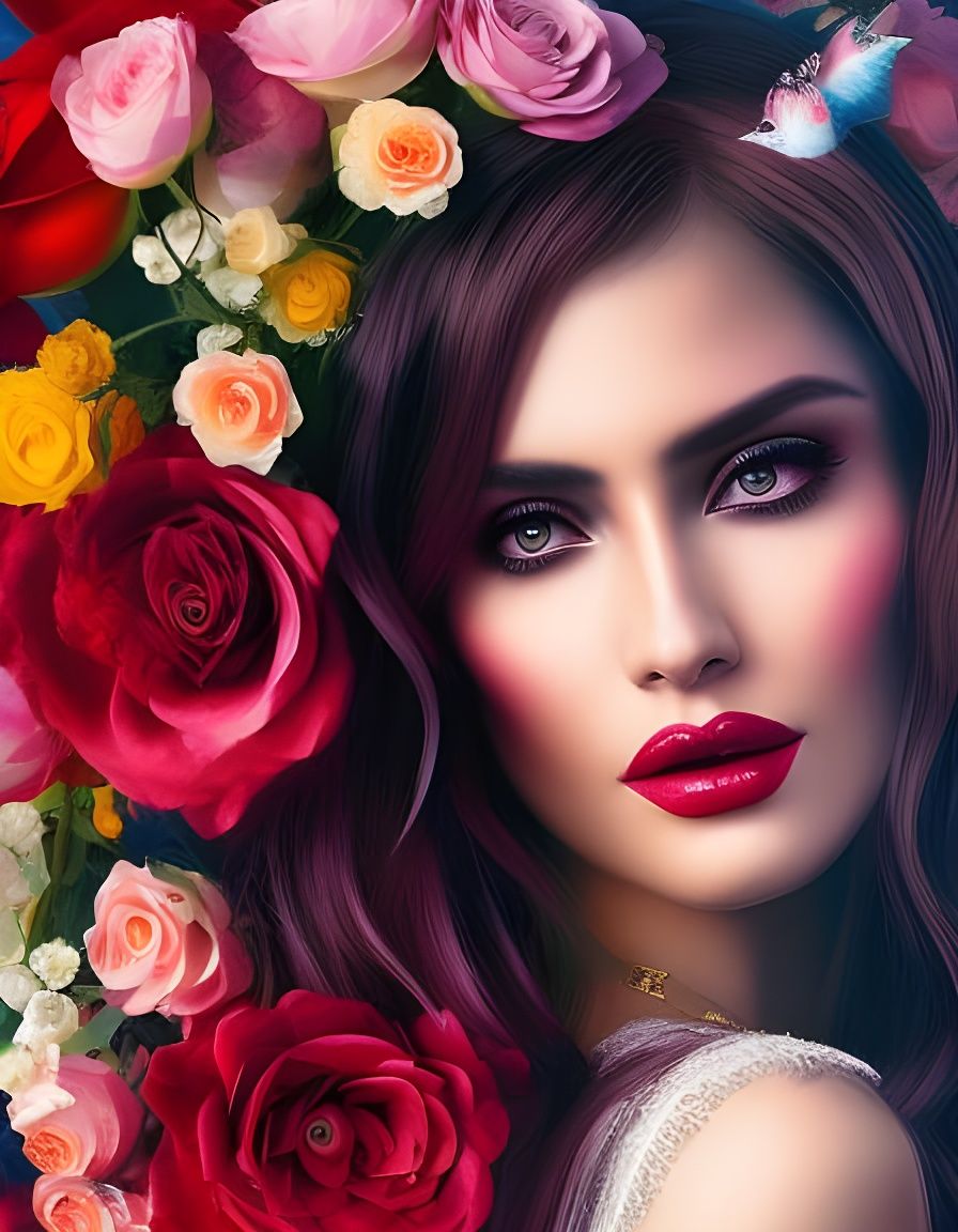 Woman in Floral Portrait in Ink Painting Style