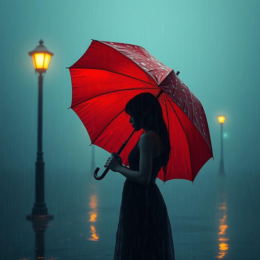 Melancholic Rain Woman with Red Umbrella