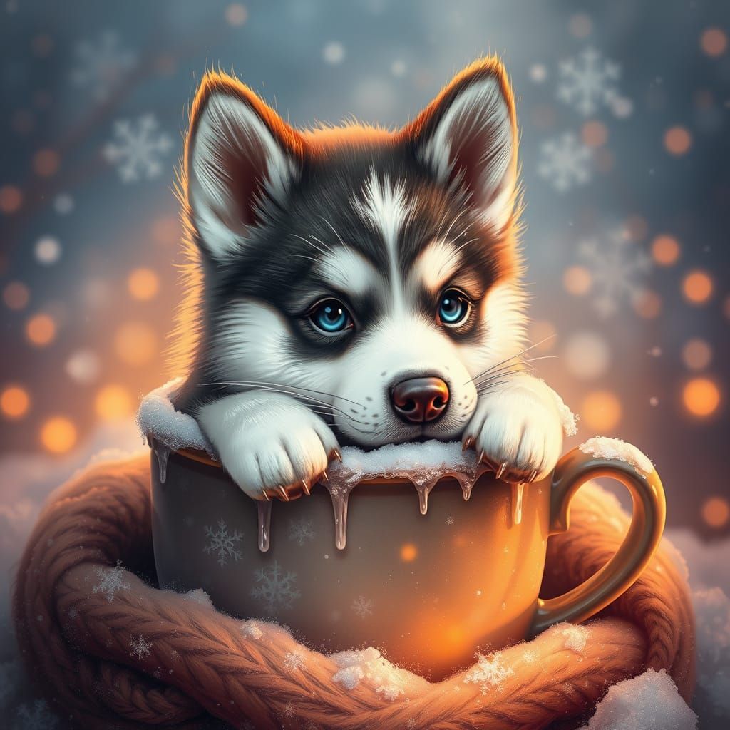 Surreal Winter Husky Pup in Hot Cocoa