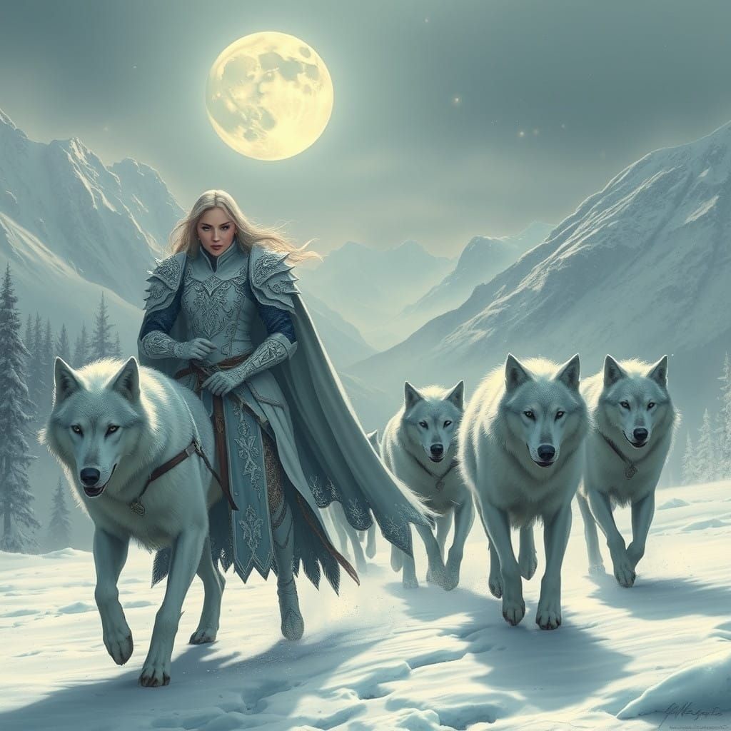 Gothic Warrior Leads Wolves Under Full Moon in Snowy Mountai...