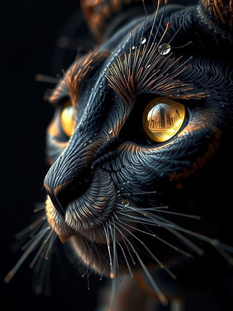 Dewdrop Reflects Cyberpunk Cityscape Macro Photography