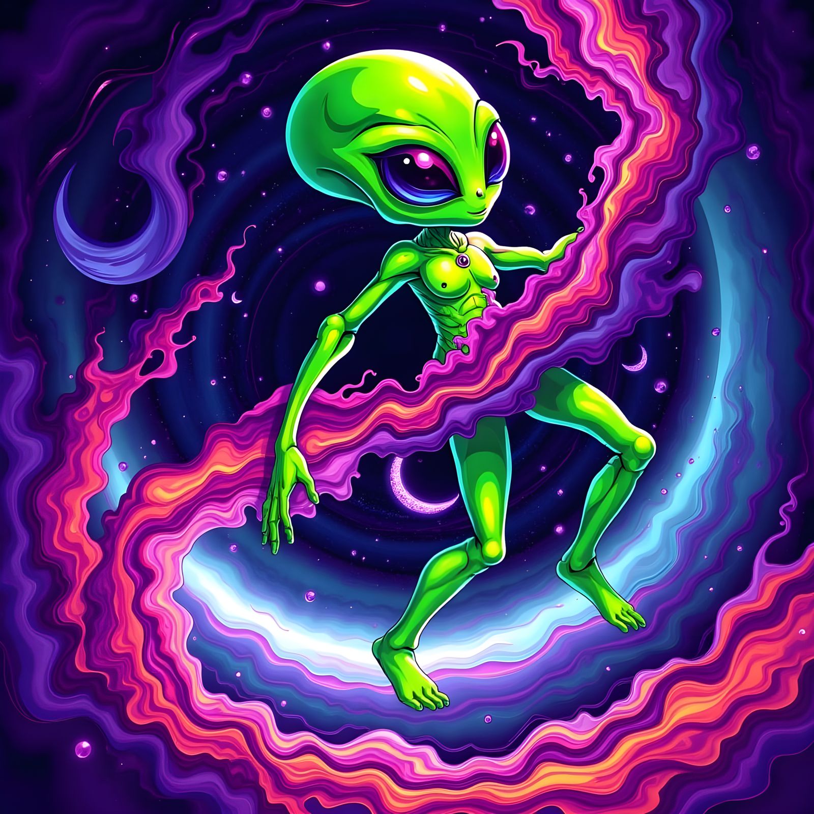 Trippy Alien in UFO Soaring Through Space