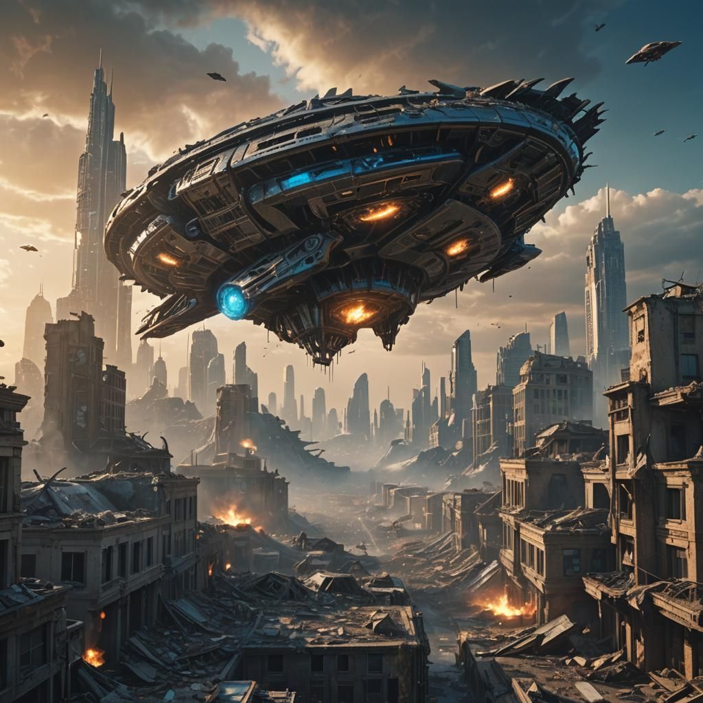 Alien Spaceship Over Ruined Cityscape: Sci-Fi Concept Art