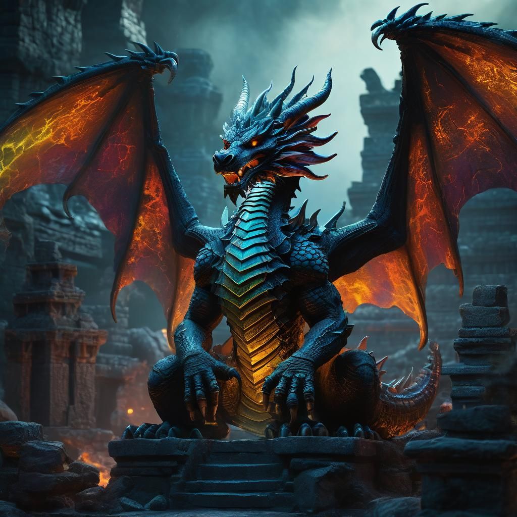 Enameled Tiamat Glass Figurine on Ancient Ruins