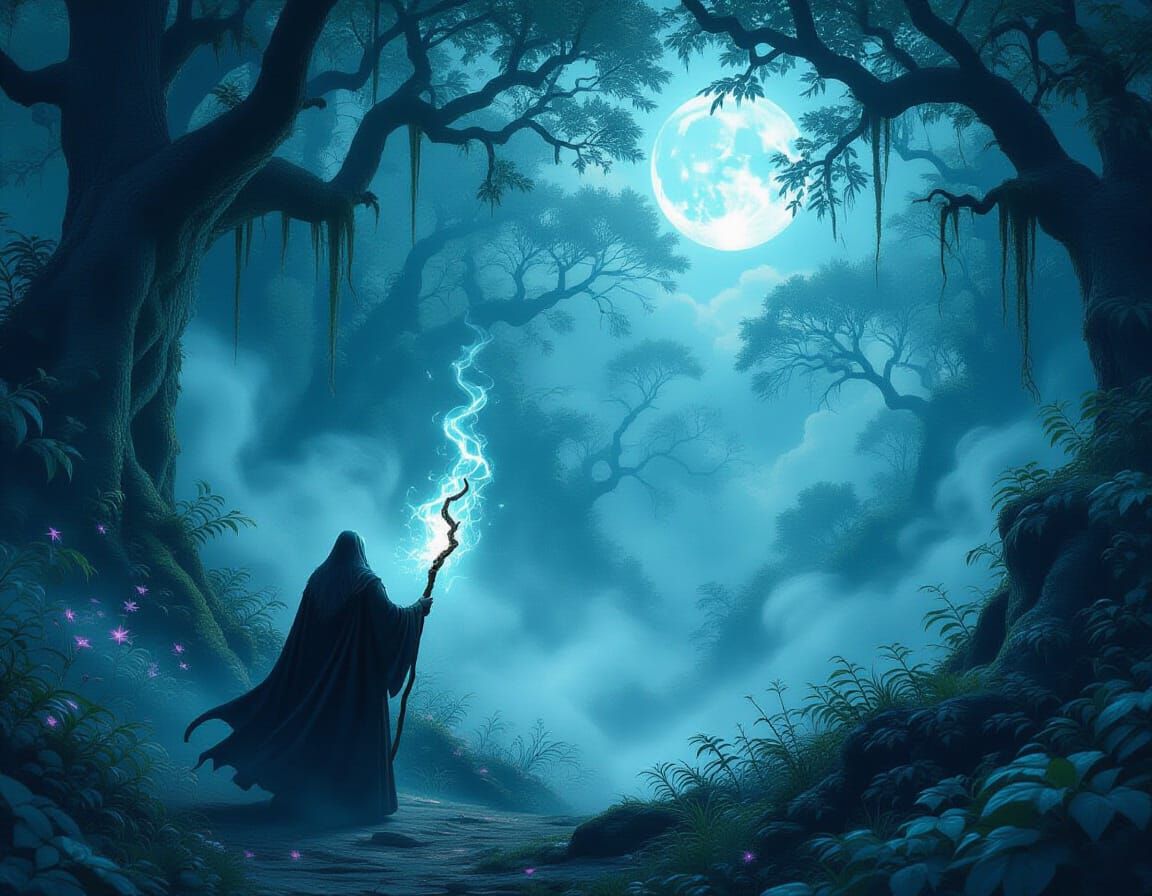 Wizard in Enchanted Forest with Arcane Staff