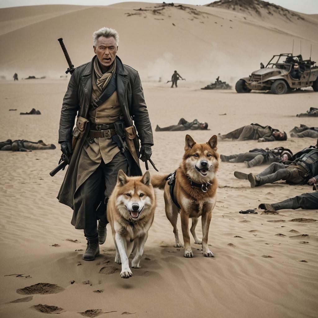 Wasteland Swordsman and Shiba Inu in Dieselpunk Style