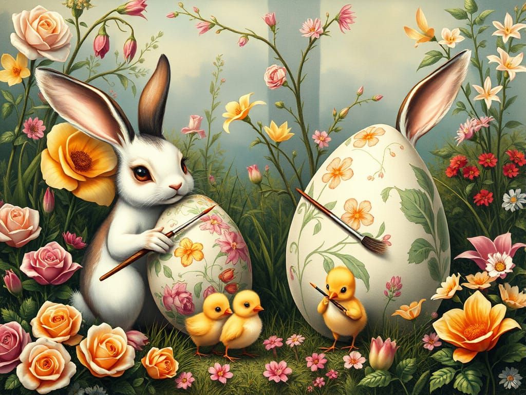 Bunnies and Chicks Painting Easter Eggs in Vintage Style