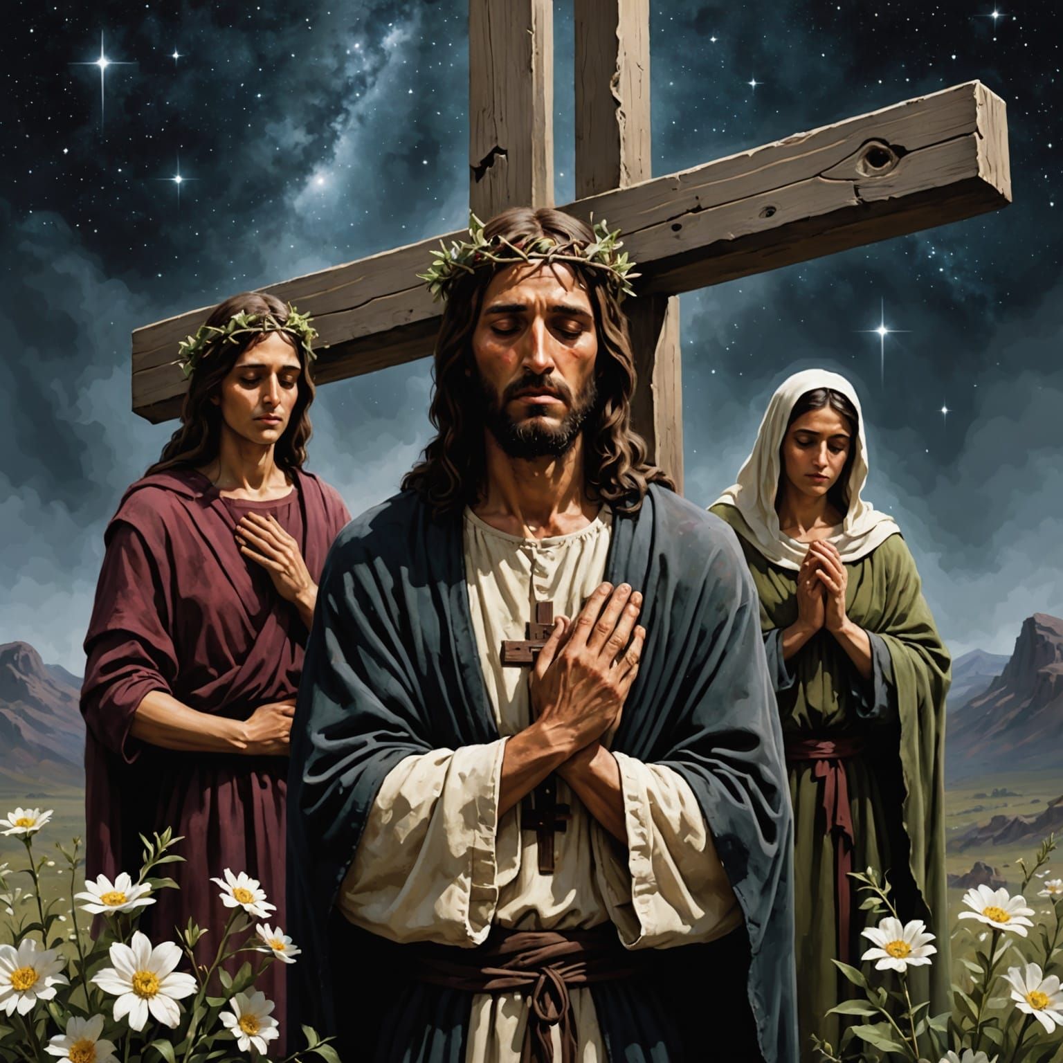 Jesus Crucifixion in a Haunting, Celestial Landscape