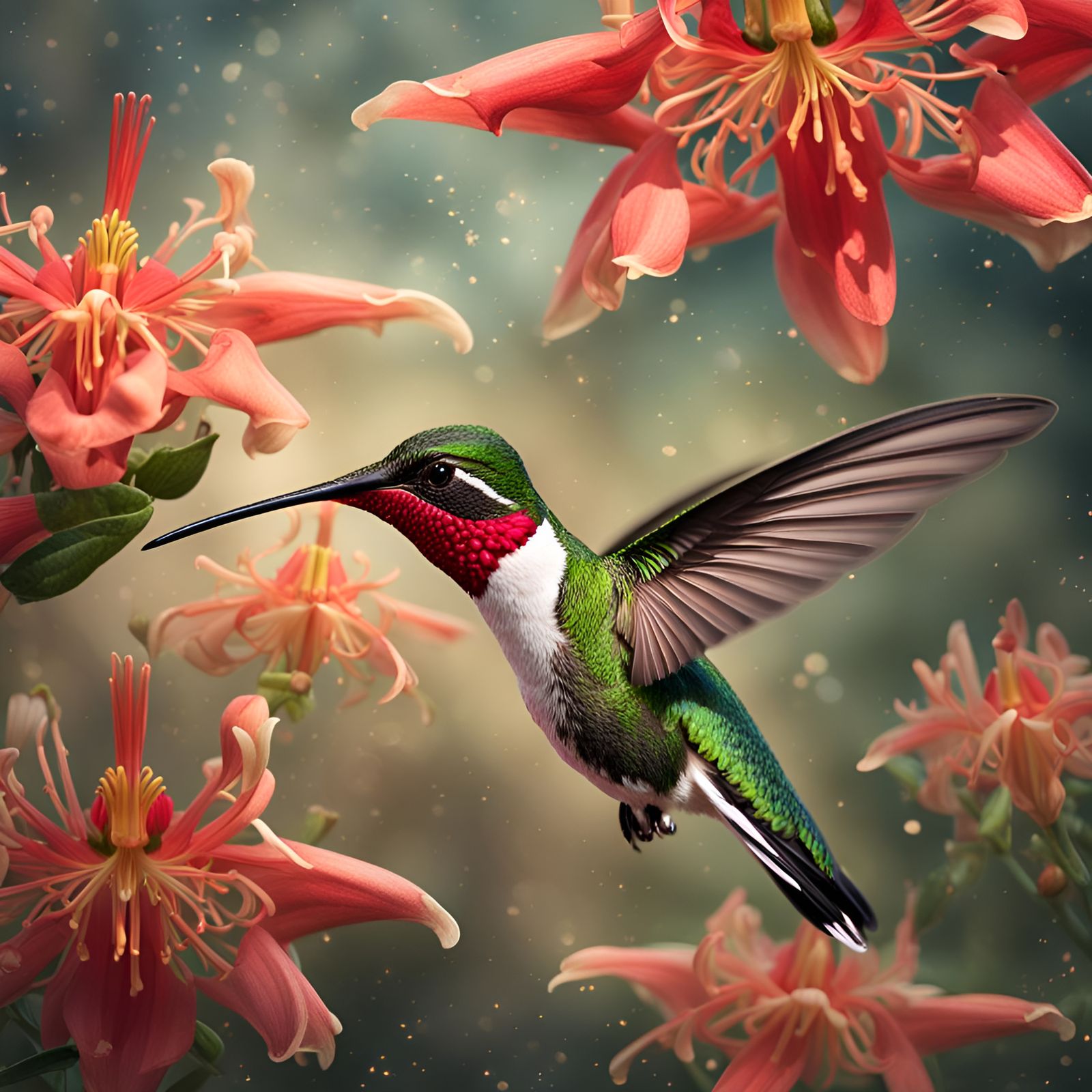 Hummingbird and Honeysuckle in Digital Painting Style