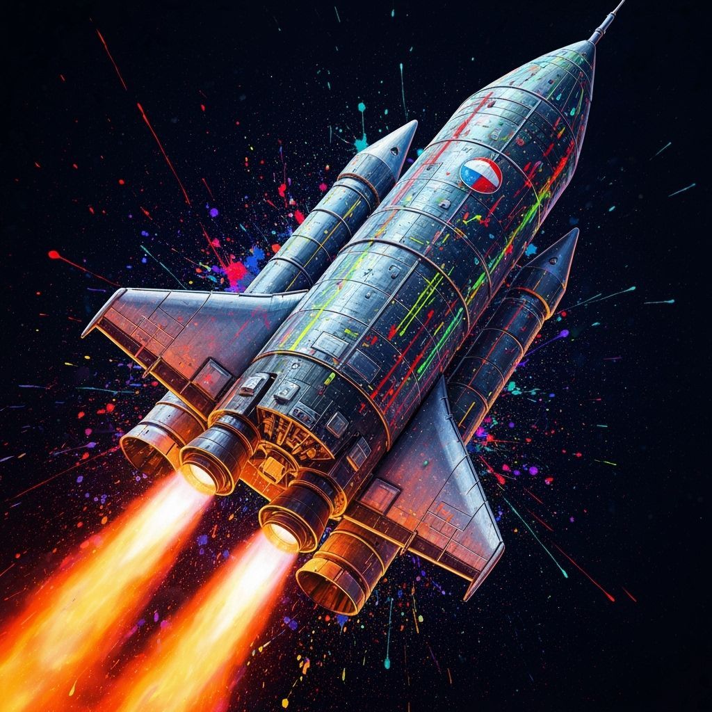 Neon Space Rocket Splash Art in Hyper-Futuristic Style