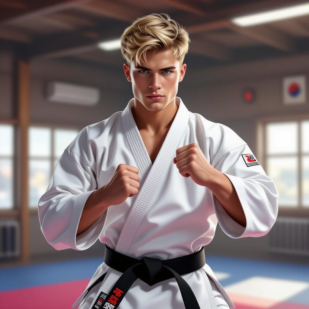 Matt Following his Sensei in his Martial Arts Routine at the Dojo.