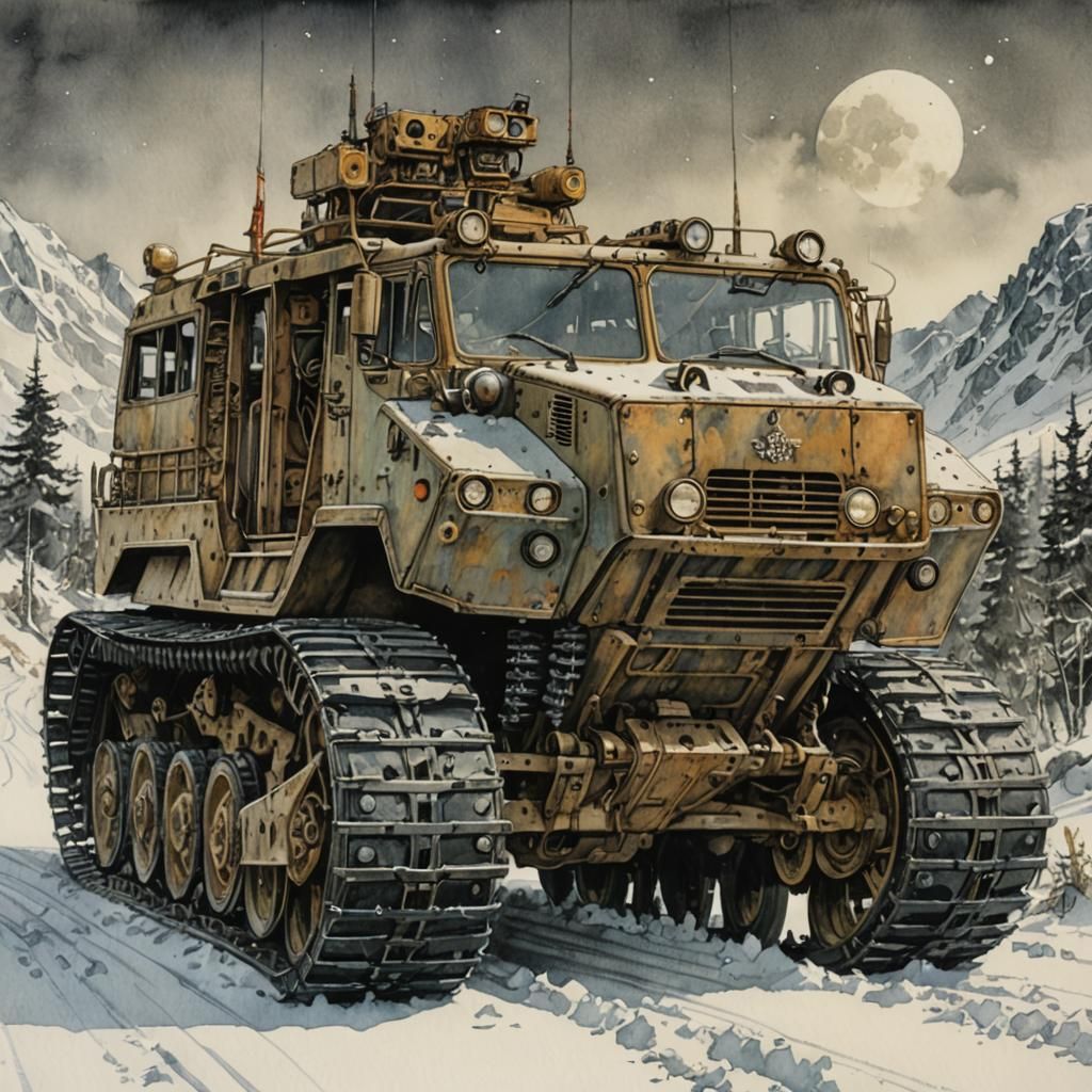 Intricate Snowcat Vehicle Mixed Media Illustration