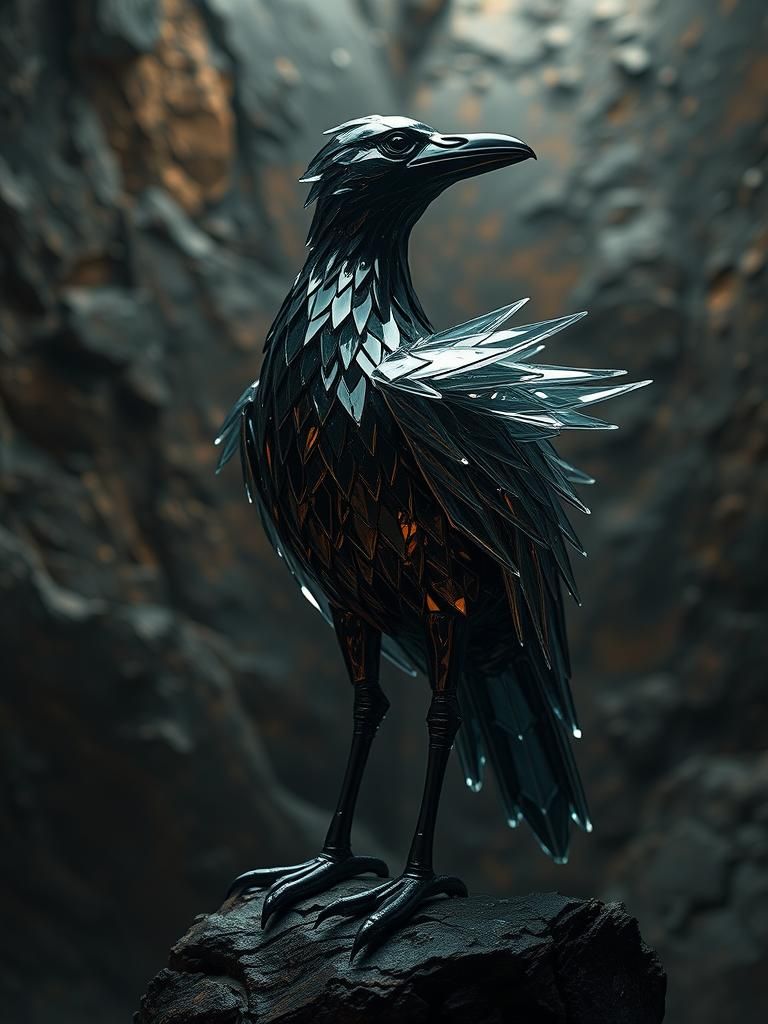 Glass Feathered Raven Sculpture in Cinematic Style