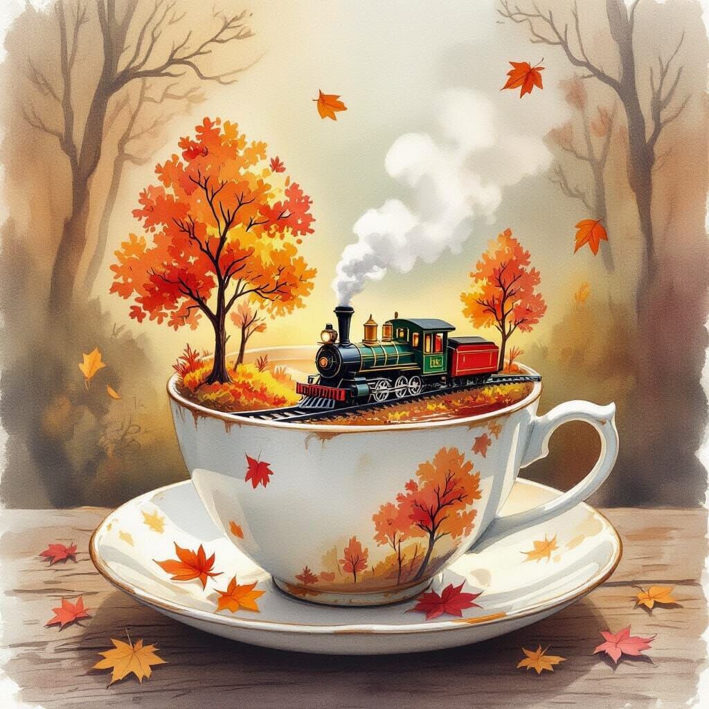 Miniature Autumn Train World in a Teacup Watercolor