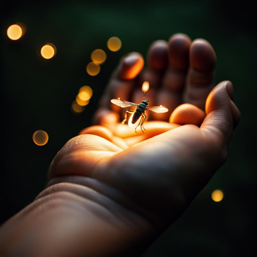 Glowing Firefly Held in Human Hands: Macrophotography
