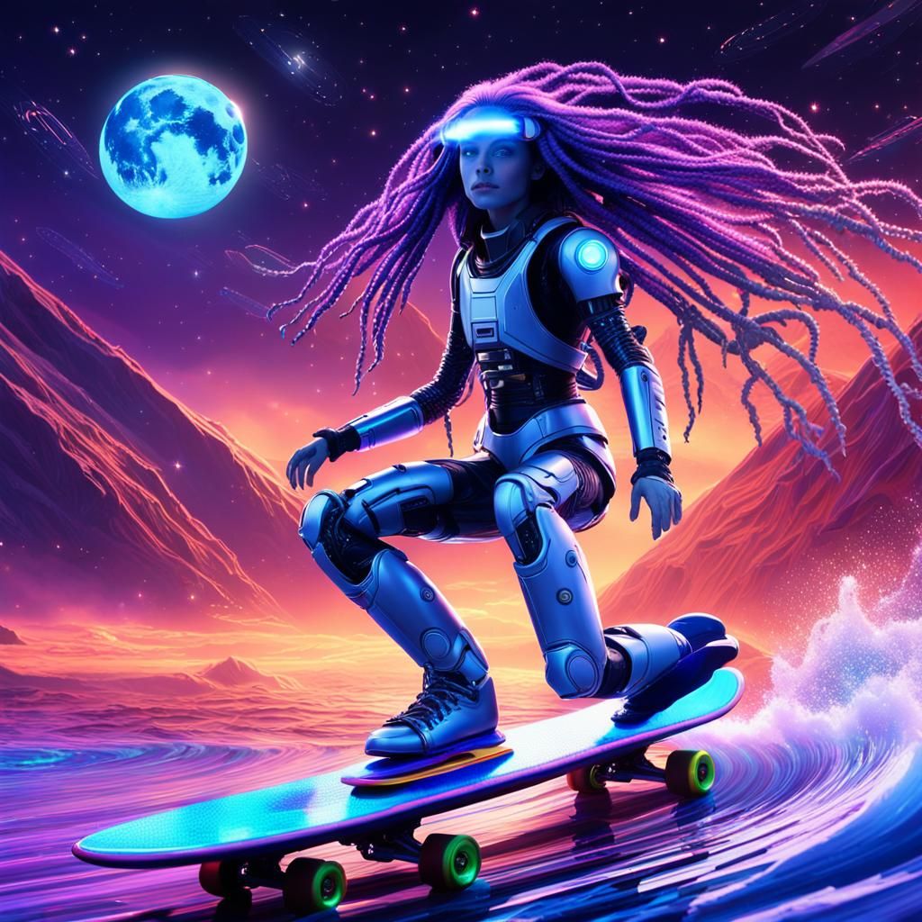 Sci-Fi Surfing Girl in Space with Neon Moon