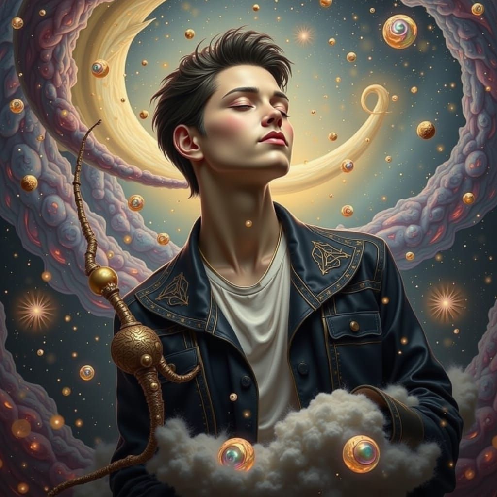 Surreal Oil Painting of a Dreamer in Celestial Clouds
