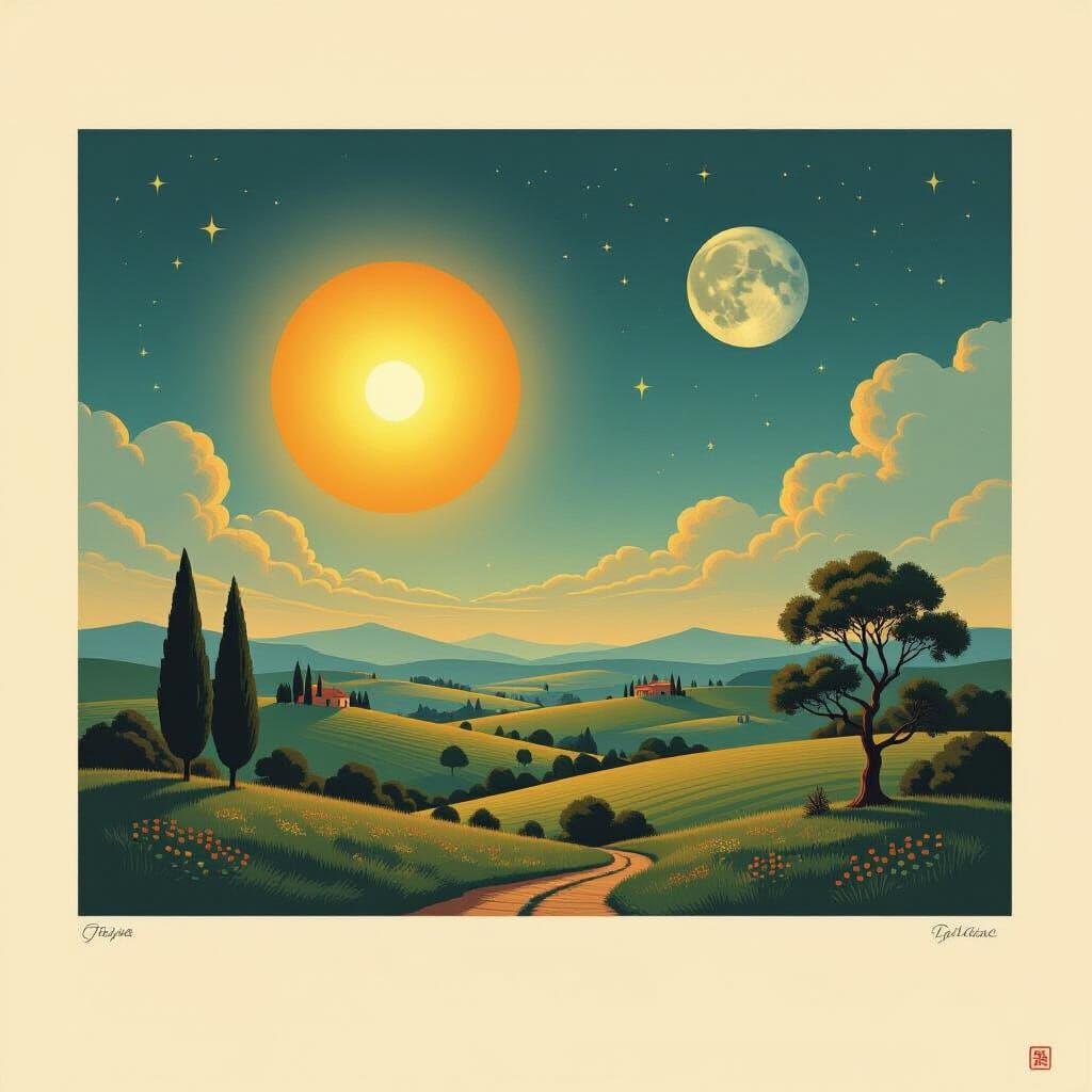 Surreal Day and Night Landscape with Sun and Moon