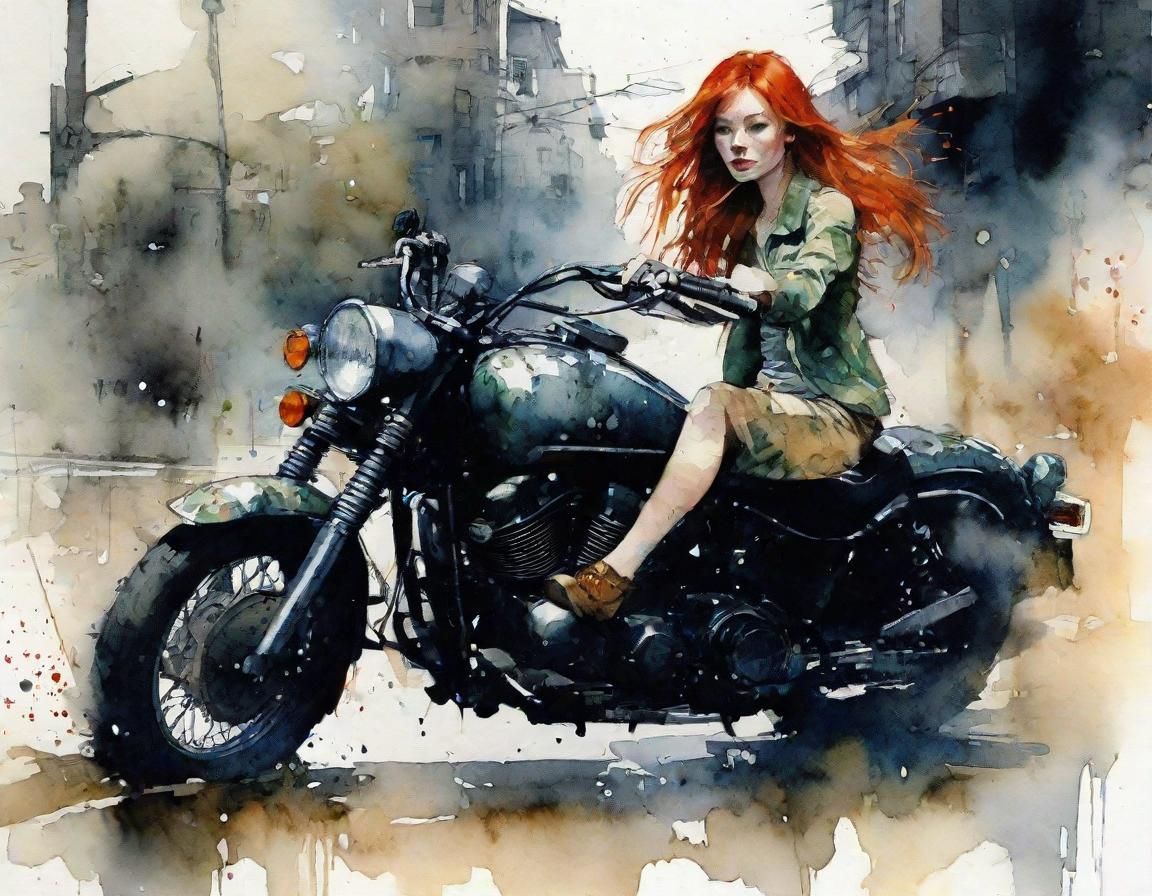 Redhead Motorcycle Rider in Watercolor Style