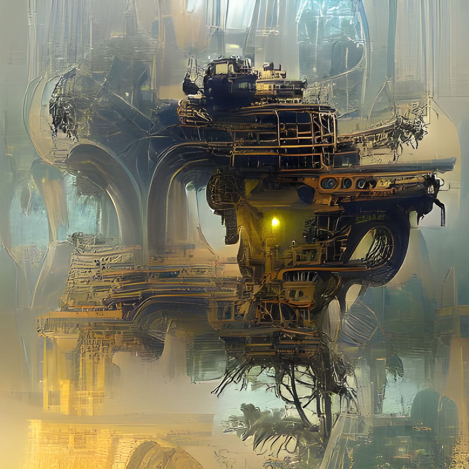 Mechanical Alien Temple in Jungle: Steampunk Biopunk