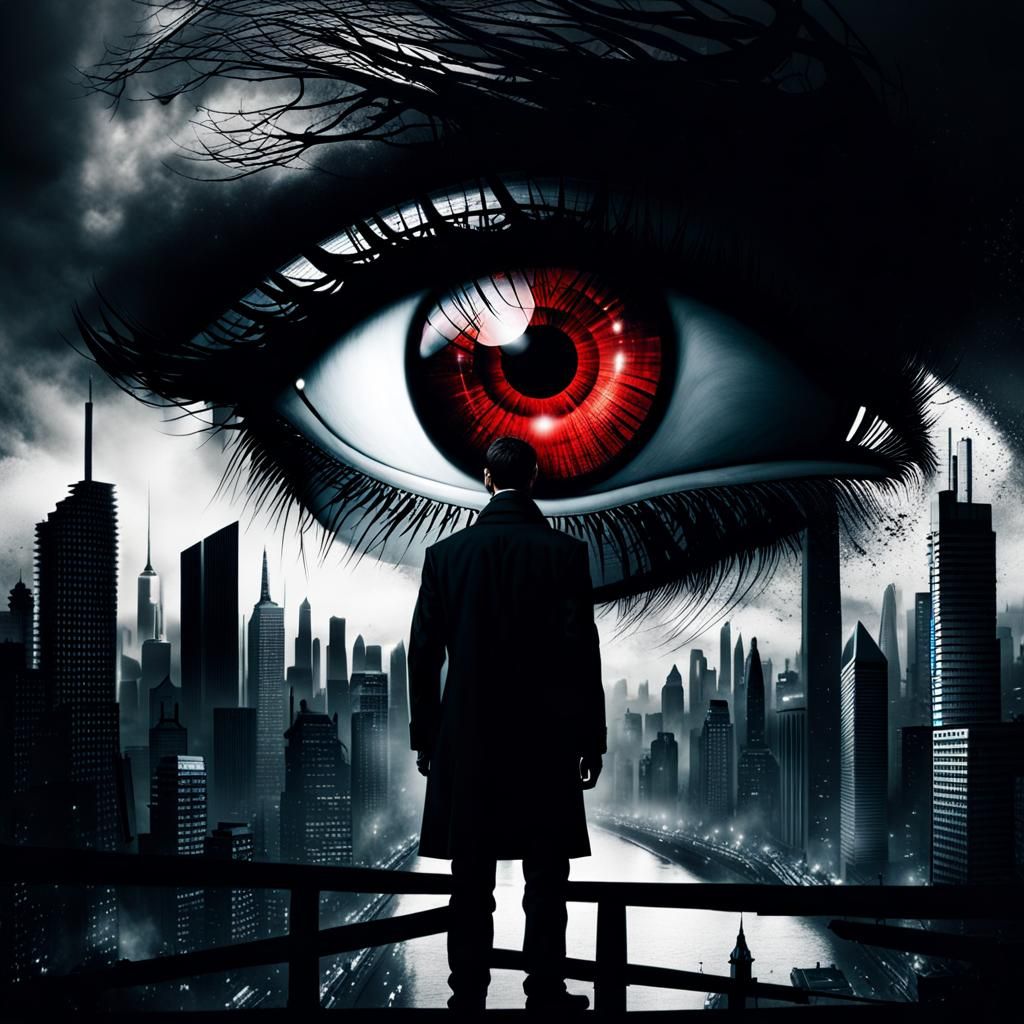Ominous Eye Over Dystopian Cityscape