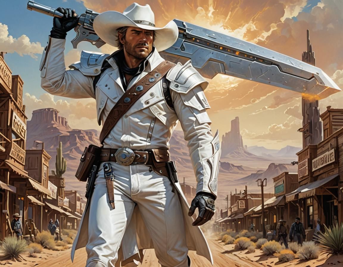 Futuristic Western Hero with Gunblade in Dark Fantasy Art