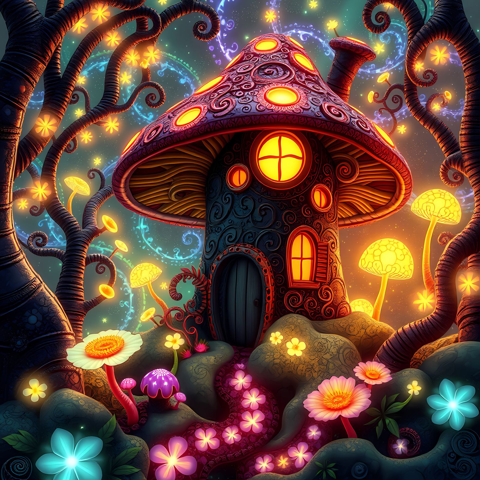 Enchanted Fairy Mushroom House in Bioluminescent Forest