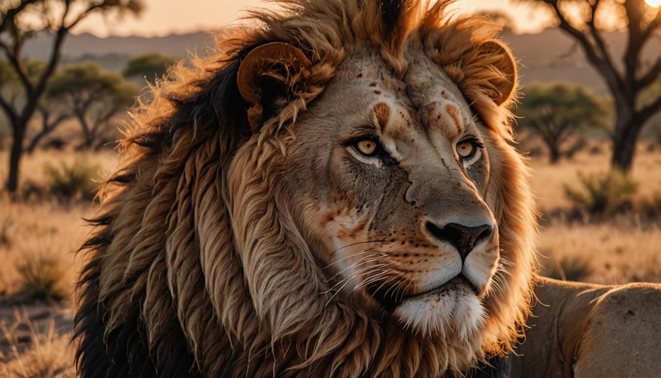 Detailed Lion Portrait in African Sunset Light