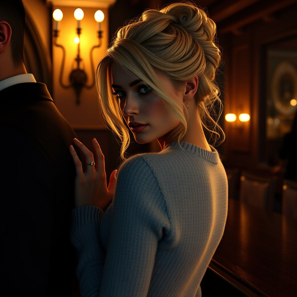 Elegant Woman in Blue Sweater, Digital Art