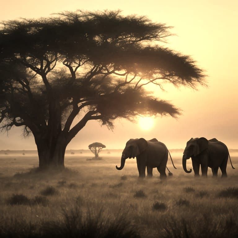 African Elephants at Sunrise: Cinematic Digital Painting