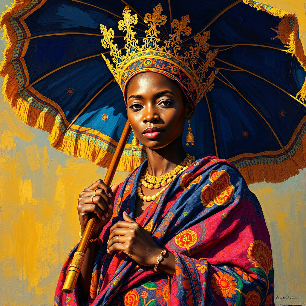 Regal African Queen in Impasto Style with Sun Umbrella