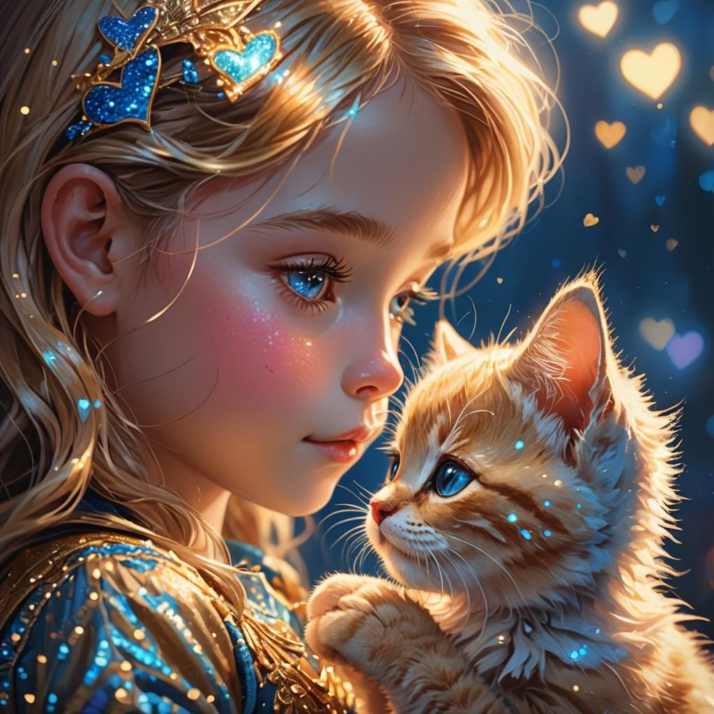 Girl and Kitten Share Fluorescent Heart in Art Nouveau